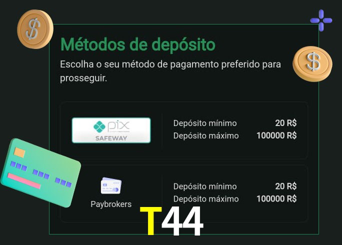 O cassino T44 oferece uma grande variedade de métodos de pagamento